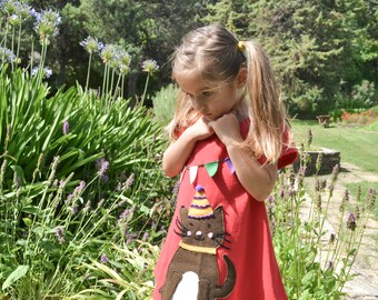 Cat dress-Applique dress-Cat lover-Pet lover-Red dress-Party dress-Winter to spring dress –Toddler dress -Choose Color or Sleeve Length