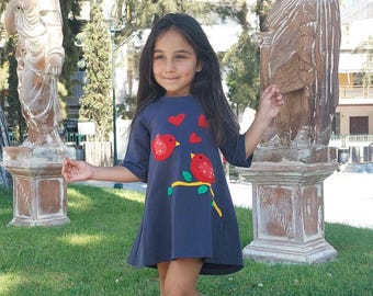 Birds applique,dark gray dress, Autumn clothes, Little birds, Birds in love, Valentine's gift, Toddler's dress, Kids clothing