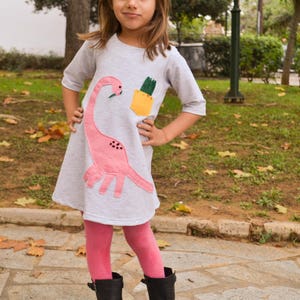 Dinosaur birthday, pink dino, dinosaur applique, toddler's dress, dino for girls, girl's dress, dinosaur party, fall outfit, gray dress image 5