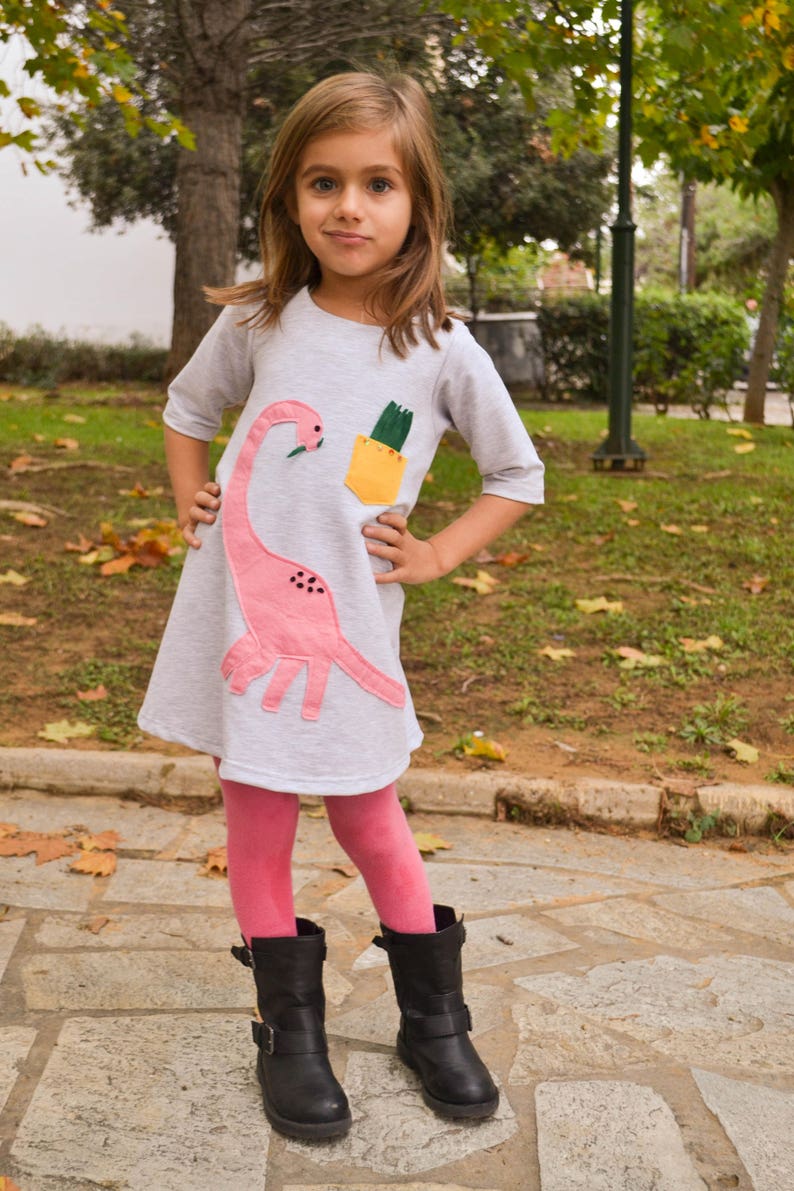 Dinosaur birthday, pink dino, dinosaur applique, toddler's dress, dino for girls, girl's dress, dinosaur party, fall outfit, gray dress image 5