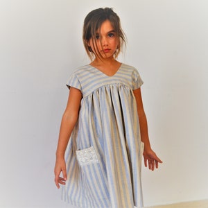 Linen dress Summer linen dress Striped linen fabric Linen dress with pockets Girls clothing Toddler dress Linen clothingSummer vacations image 2