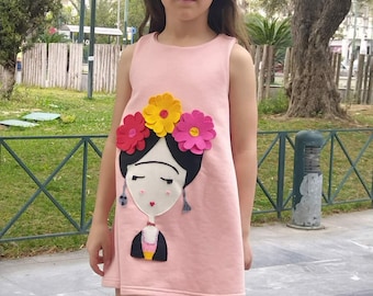 Frida Kahlo dress Artistic outfit Gift ideas Flowers Applique Colorful Dress All season clothes Sleeveless Pink shirtdress
