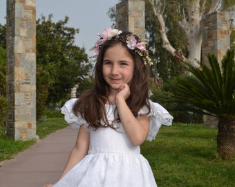 White linen dress, Girls linen dress, Flutter sleeve dress, Bow back dress, Birthday party, Flower girls, Romantic dress Spring fashion