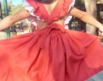 Red ruffled linen dress, Girls linen dress, Christening dress, Wedding dress, Baptism dress, Rustic flower girl dress red, Linen clothing