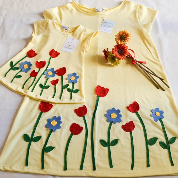 Mutter tochter kleid Mother daughter set Flower dress Spring dress Mother's Day shirt Flowers applique  Blossom dress Yellow dress