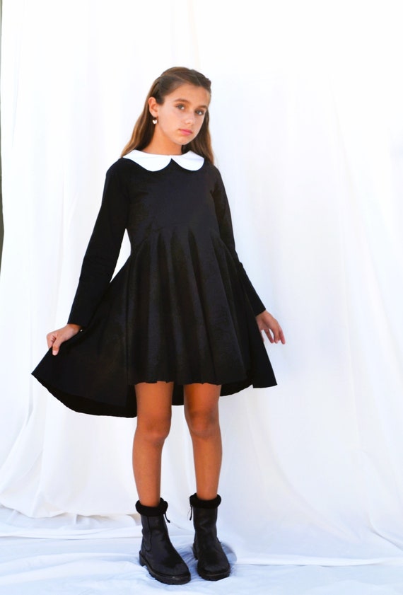 Wednesday Addams Costume for Adult Women Kids Girls Long Sleeve Peter Pan  Collar Black Dress Halloween Night Costume