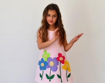 Flower dress Spring dress Blossom dress Pink dress Spring outfit Easter gift Colorful flowers Applique flowers Summer clothes Girl's dress