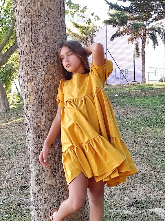 Mustard Girls Dress Yellow Summer Dress V back Dress Aristocratic Sleeve Mustard Summer Dress Birthday Dress Boho Girls Dress Etsy