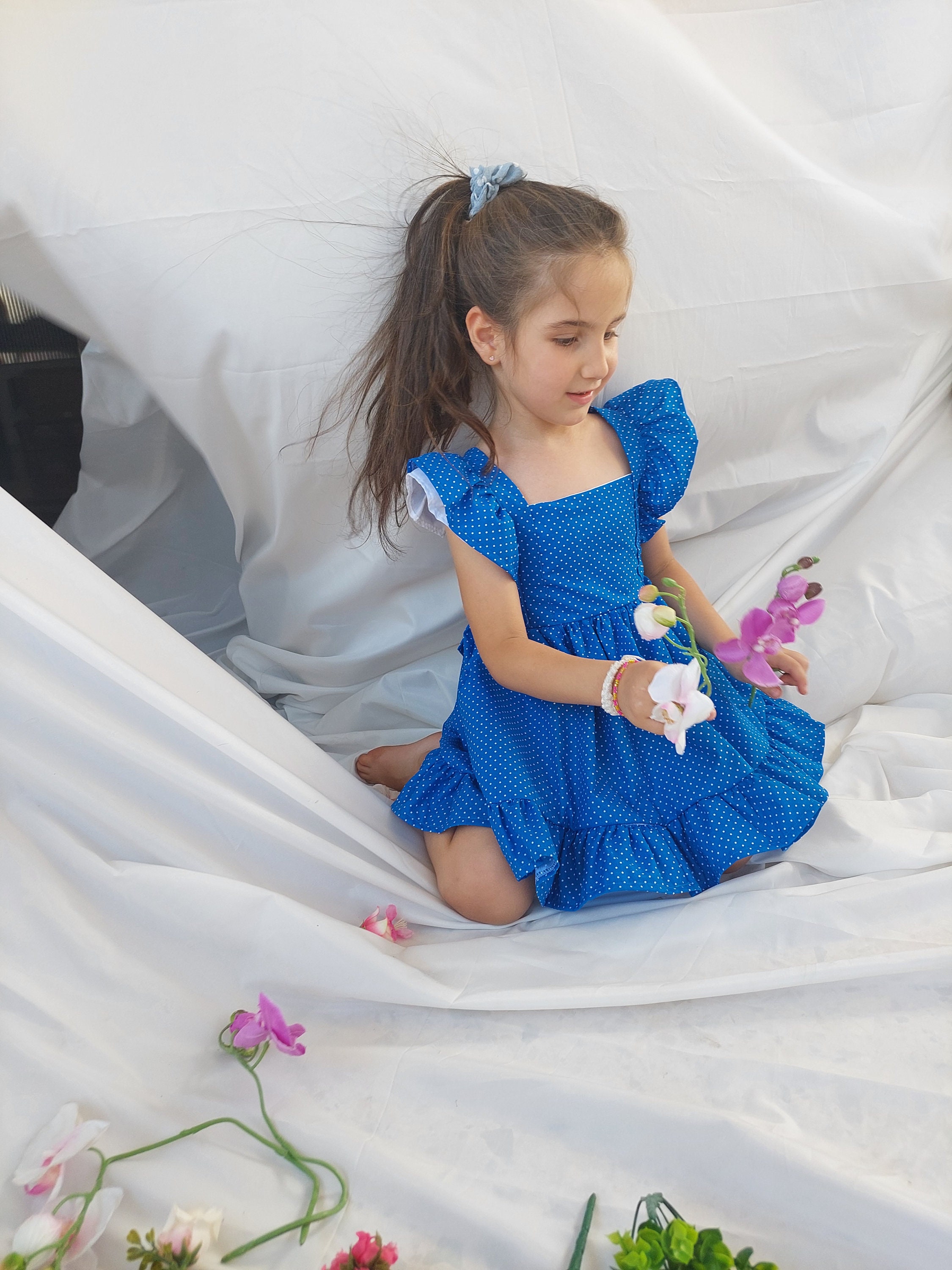 Blue Polka Dot Summer Dress Blue Sundress for Toddlers and Girls