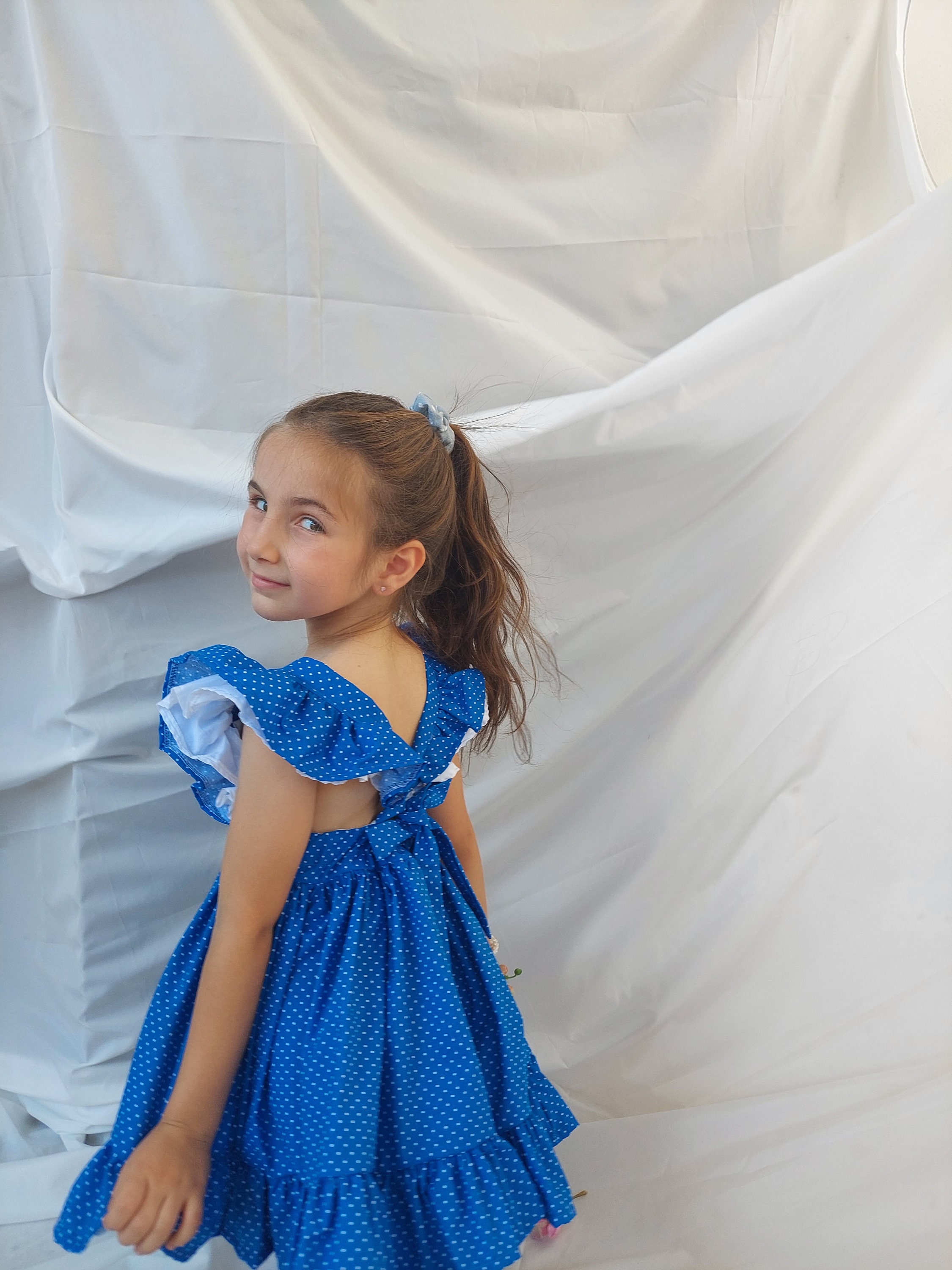 Blue Polka Dot Summer Dress Blue Sundress for Toddlers and Girls