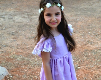 Purple linen dress, Girls linen dress, Flutter sleeve dress, Bow back dress, Birthday party, Flower girls, Romantic dress Spring fashion
