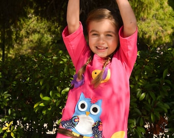 Owl dress, Owl gift, fuchsia dress, girl&#39;s outfit, toddler dress, handmade dress, applique owl, owl birthday party, owl print