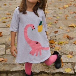 Dinosaur birthday, pink dino, dinosaur applique, toddler's dress, dino for girls, girl's dress, dinosaur party, fall outfit, gray dress image 4