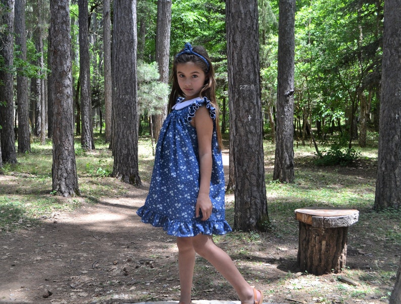 Peter pan collar Peter pan collar dress Denim girls dress Ruffle sleeve Ruffle hem dress Blue jeans dress Butterfly dress Back to school image 3