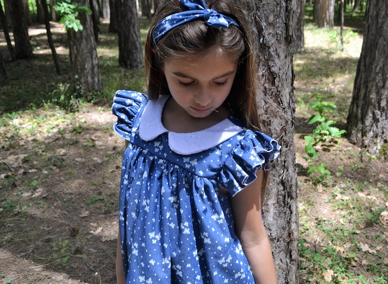 Peter pan collar Peter pan collar dress Denim girls dress Ruffle sleeve Ruffle hem dress Blue jeans dress Butterfly dress Back to school image 1