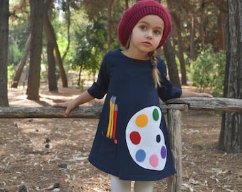 Pallete, school dress, Back to School Dress, Paint Palette Applique, Paint Dress, Toddler Dress, Girl&#39;s Dress, Art party, art dress