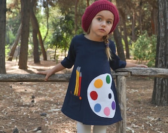 Pallete, school dress, Back to School Dress, Paint Palette Applique, Paint Dress, Toddler Dress, Girl's Dress, Art party, art dress