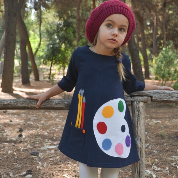 Pallete, school dress, Back to School Dress, Paint Palette Applique, Paint Dress, Toddler Dress, Girl's Dress, Art party, art dress