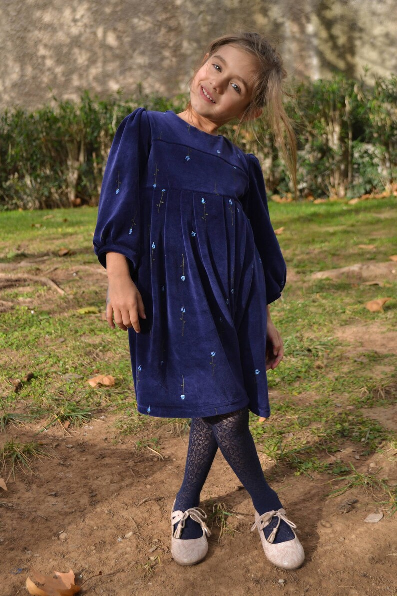 Blue Velvet dress Christmas dress Winter dress Birthday costume Anniversary dress Royal blue Long sleeve Velvet with flowers Christmas gift image 4