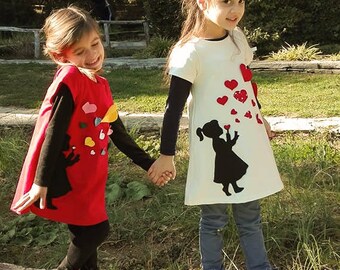 Hearts dress Girl blowing hearts Romantic dress Valentine's dress Red hearts Colorful hearts Red dress Twins set Sister's set Sister outfit