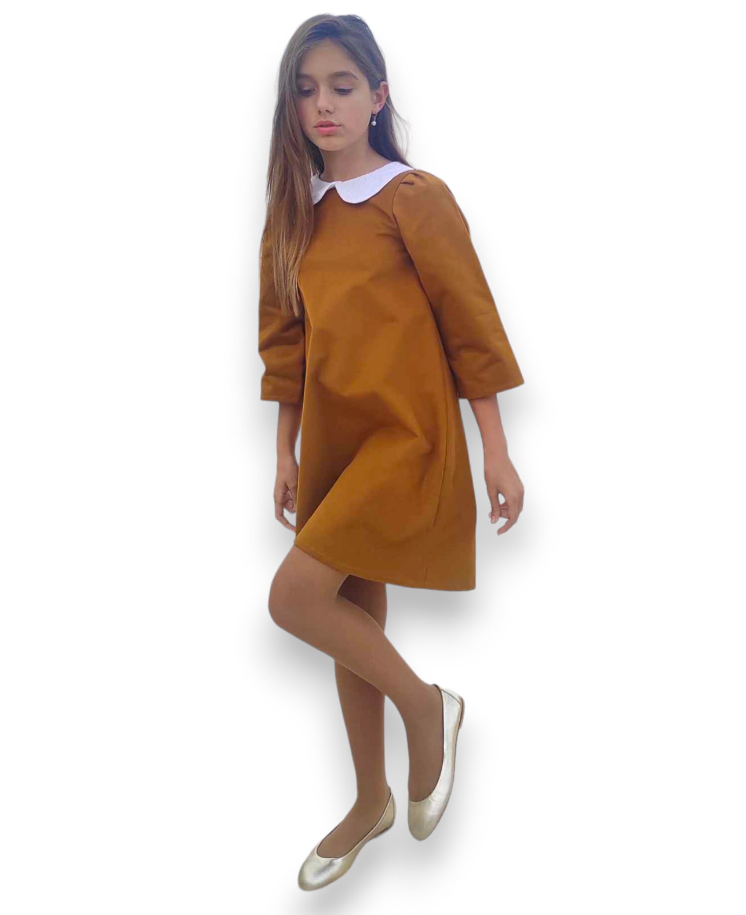 Peter pan collar dress, Mustard A line dress, Mustard girls dress, Peter pan neckline, Mini girls dress, preppy style, back to school dress