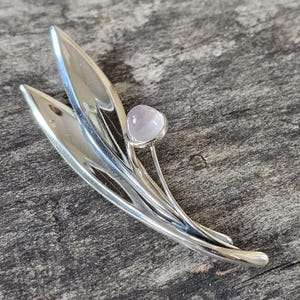 60s Vintage Modernist Silver Rose Quartz Flower Brooch Elis Kauppi Kupittaan Kulta 1960