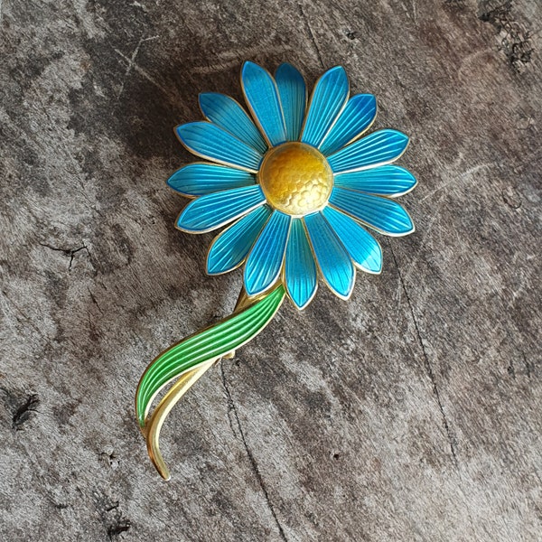 Restored Norwegian Silver Guilloche Enamel Daisy Flower Brooch by Aksel Holmsen