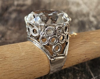 Vintage Rock Crystal Cocktail Ring: 60s Silver Statement Ring, Size US 8 3/4