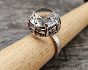 1970s Finnish Modernist Brutalist Silver Ring with Rock Crystal — Martti Viikinniemi - UK Ring Size Q 1/2 -  US Ring Size 8.5  - 1970