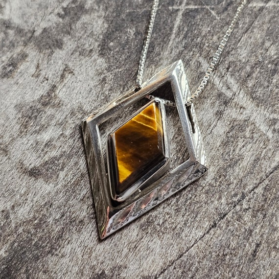 Finnish Modernist Silver & Tigers Eye Necklace Pe… - image 1