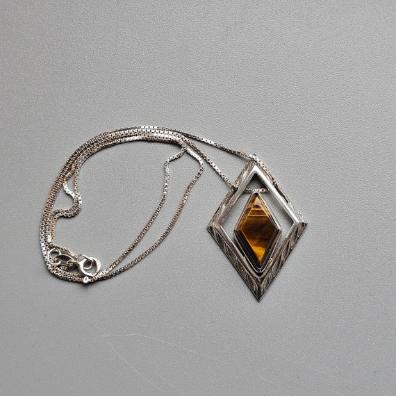 Finnish Modernist Silver & Tigers Eye Necklace Pe… - image 4