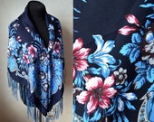 Ukrainian elite shawl Wool traditional dark blue pink navy scarf Ethnic shawl with flowers 120 cm Large floral shawl Ukraine accessory