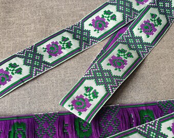 Violet green trim Embroidered ribbon trim by the yard Ukrainian Folkloric Ethnic jacquard trim with roses Roll 25 metres 1.2" 3cm