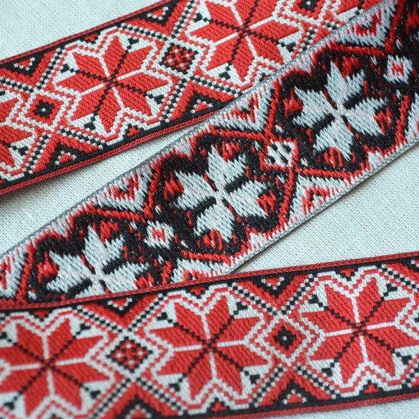 Red white black embroidery trim Ukrainian design Folkloric style Ethnic Bohemian Chic Tribal Width: 1.3" (3.3cm)