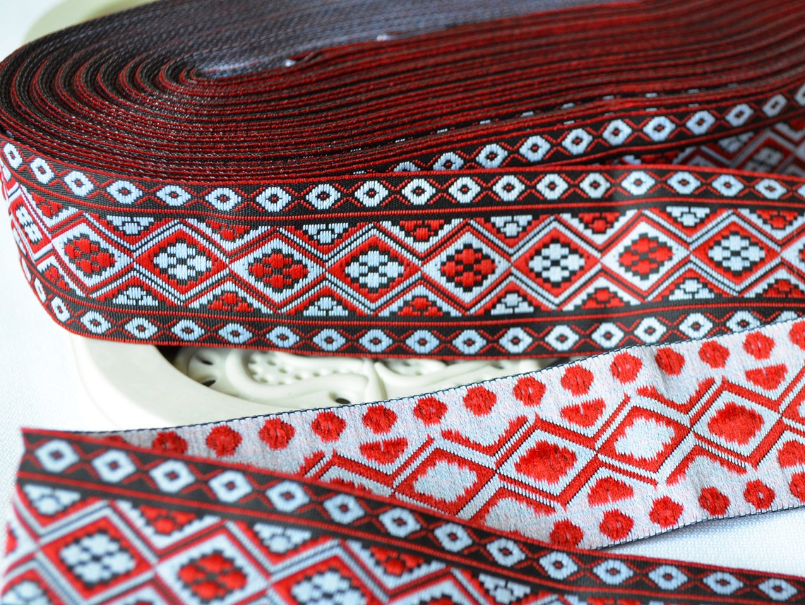 Jacquard ribbon trim Black red embroidery trim by the yard Etsy