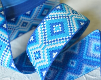 Jacquard ribbon trim Blue white embroidery trim Ukrainian design Folkloric Ethnic ornament Geometric Width 1.3"(3.3 cm)