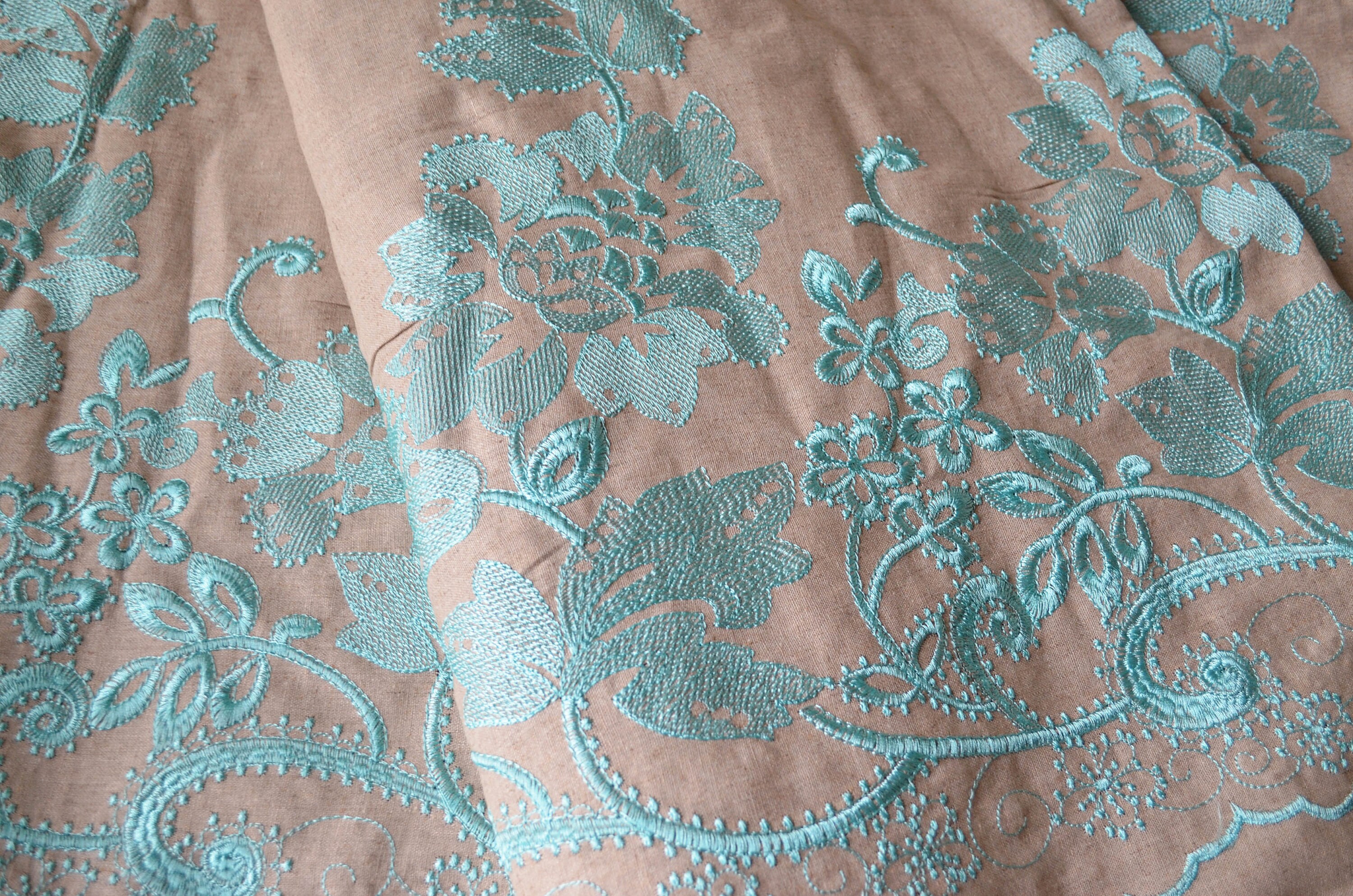 Embroidered Linen Fabric Natural Gray Beige Fabric With Green Etsy