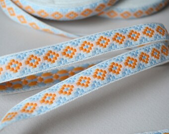White light blue orange jacquard ribbon trim Embroidery trim by the yard Ukrainian ornament Ethnic thin trim 25 metres Width 0.67" 1.7cm