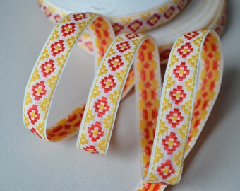 White red yellow jacquard ribbon trim Embroidery trim by the yard Ukrainian ornament Folkloric Ethnic thin trim 25 metres Width 0.67" 1.7cm