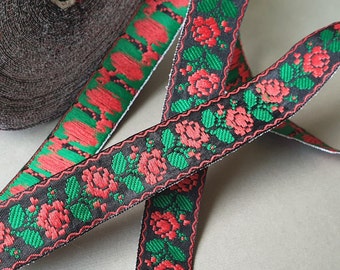 Jacquard ribbon trim Black red green embroidery trim by the yard Ukrainian Folkloric style Ethnic trim Width 0.8" (2cm) Flowers Rose