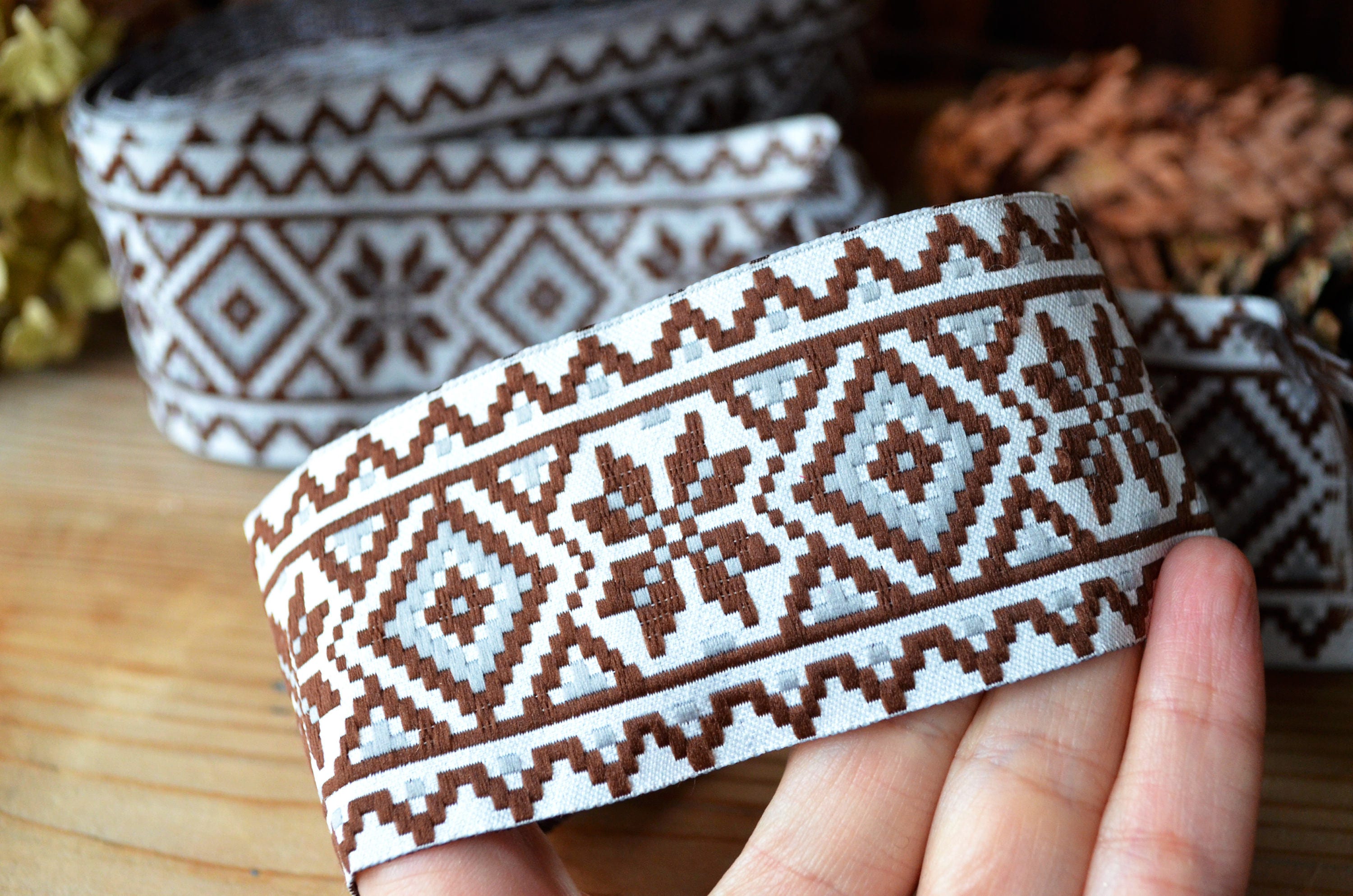 Brown Ethnic Ribbon Trim 5 Cm 2 Inches Ukrainian Design Gray Etsy