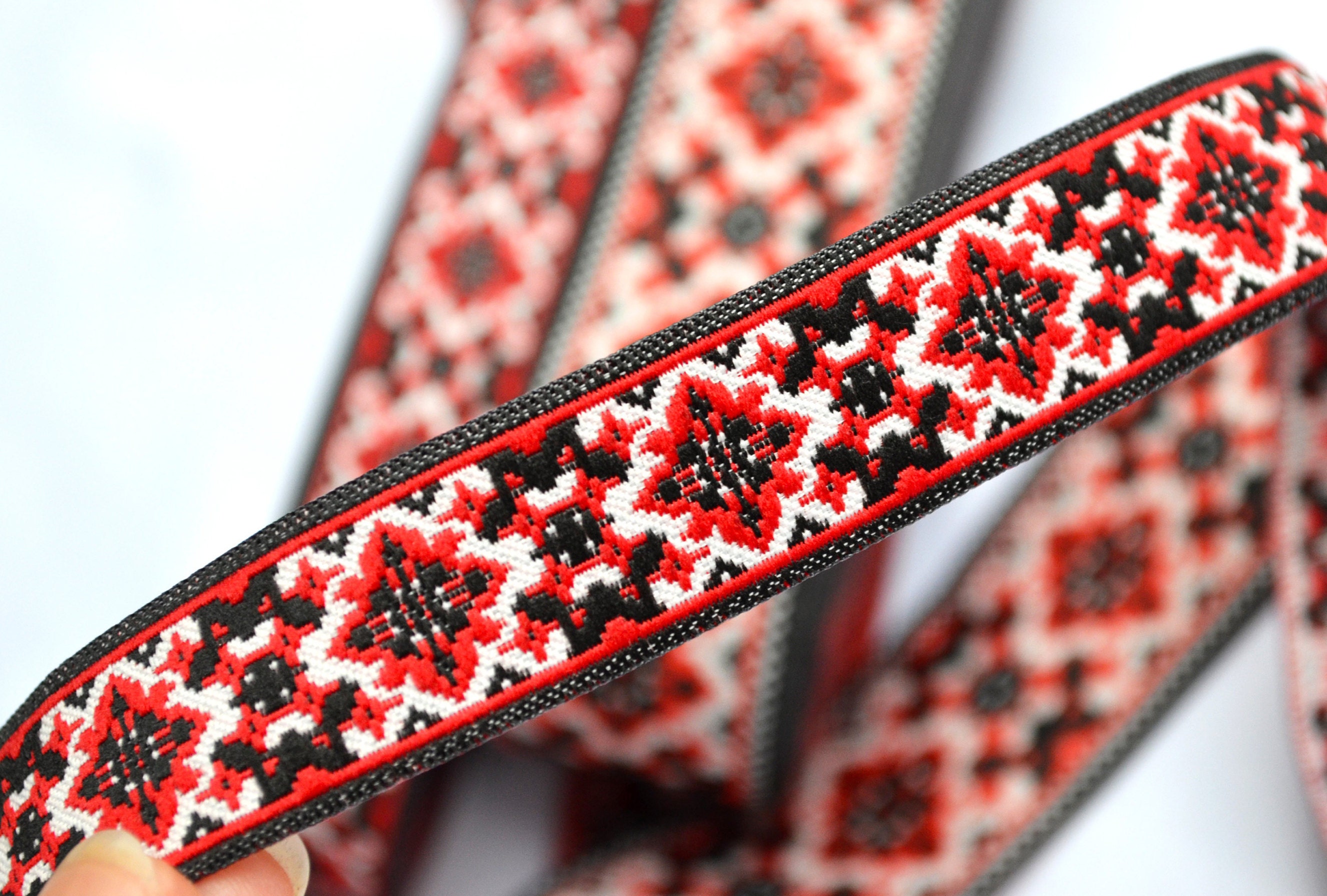 Jacquard ribbon trim Black red white embroidery trim by the Etsy