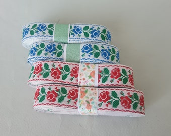 Jacquard ribbon trim, Black, white, green embroidery trim by the yard, Ukrainian, Folkloric style, Ethnic trim, Width 0.82"(2.1cm), Flowers