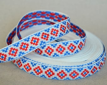 White blue red jacquard ribbon trim Embroidery trim by the yard Ukrainian ornament Folkloric Ethnic thin trim 25 metres Width 0.67" 1.7cm