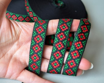 Black green red jacquard ribbon trim Embroidery trim by the yard Ukrainian ornament Folkloric Ethnic thin trim 25 metres Width 0.67" 1.7cm