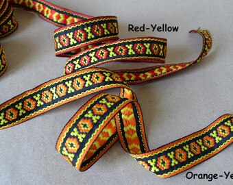Black yellow orange red jacquard ribbon trim Embroidery trim by the yard Ukrainian ornament Ethnic thin trim 25 metres Width 0.9" 2.3cm