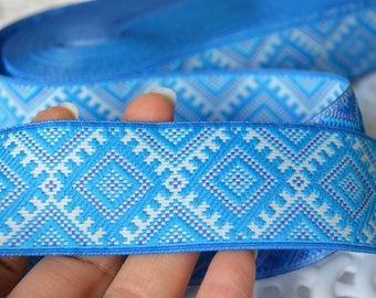 Jacquard ribbon trim, Blue, white embroidery trim, Woven border, Ukrainian design, Folkloric, Ethnic ornament, Geometric, Width 1.2" (3 cm)