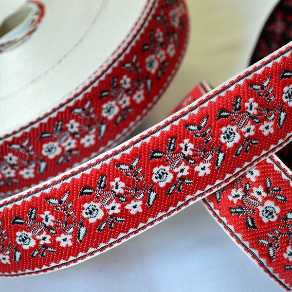 Jacquard ribbon trim Red white black embroidery flowers trim Ukrainian Ethnic ornament Boho flover trim by the yard Width 1.14" (2.9 cm)