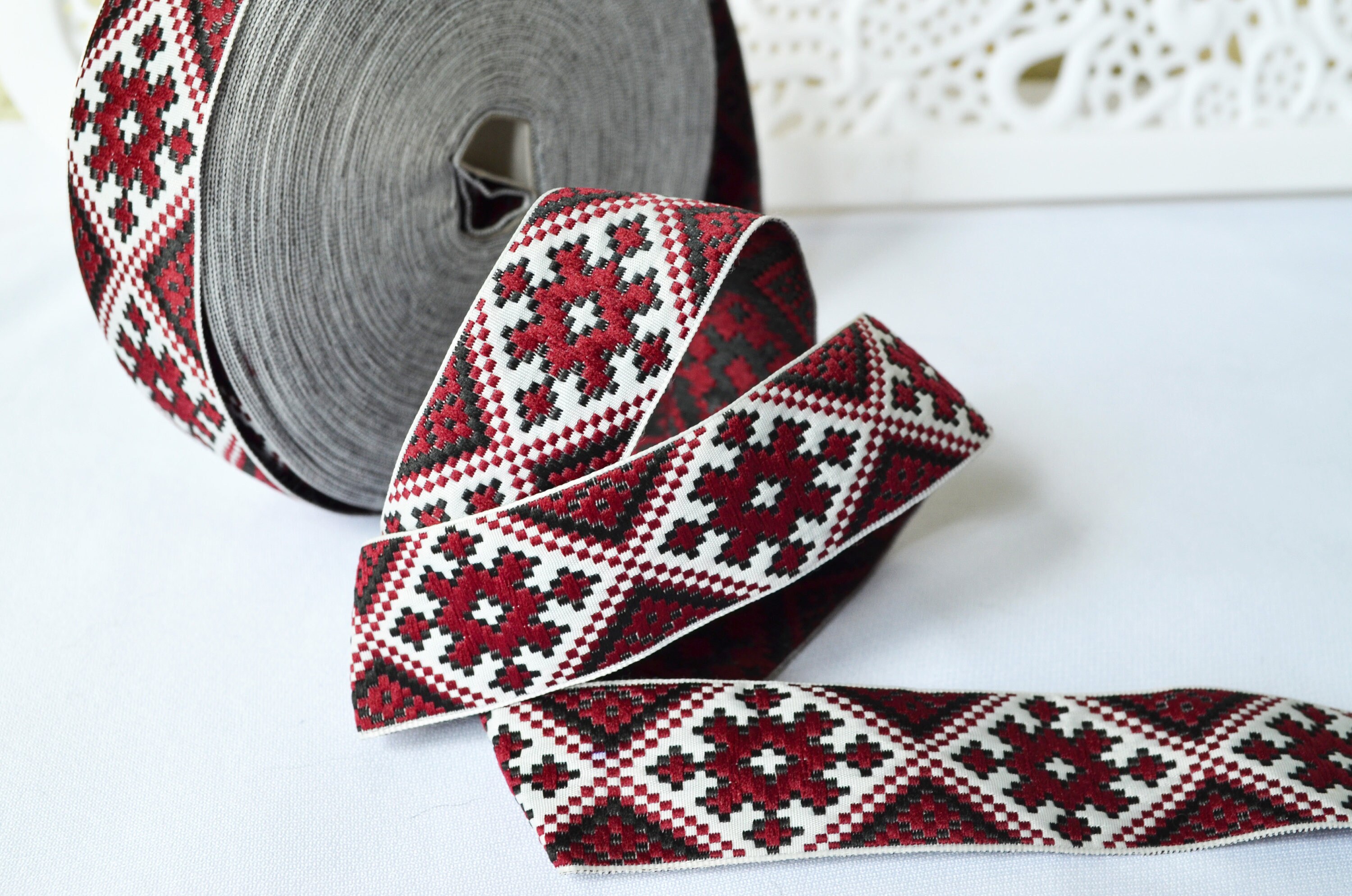 Embroidered ribbon trim Burgundy white black geometric trim by Etsy