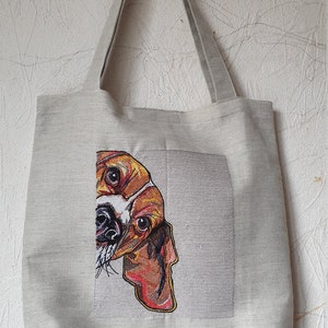 Linen embroidered dog bag White beige gray rustic linen Tute bag Shopping bag Domestic animals Gift for her